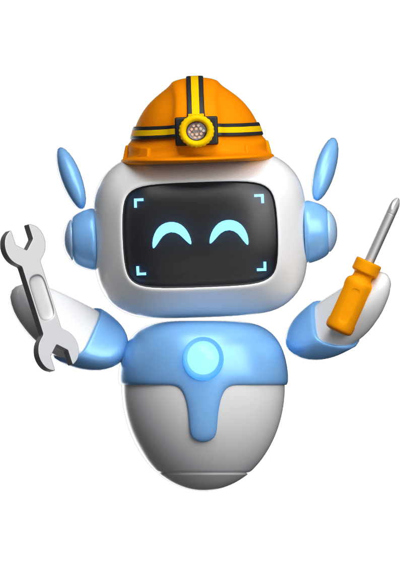 Robot chantier mascotte d'OptimaBizz, symbole de la digitalisation et de l'innovation dans le secteur du BTP.