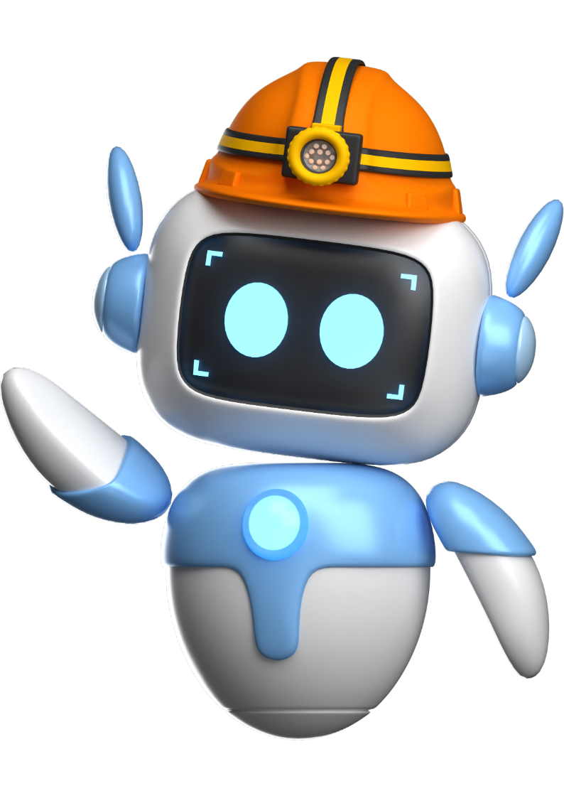 Robot chantier mascotte d'OptimaBizz, symbole de la digitalisation et de l'innovation dans le secteur du BTP.