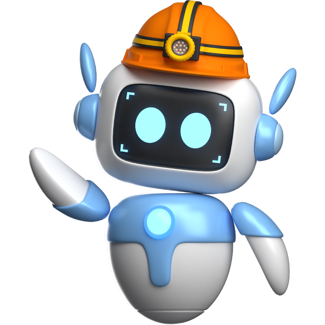 Robot chantier mascotte d'OptimaBizz, symbole de la digitalisation et de l'innovation dans le secteur du BTP.